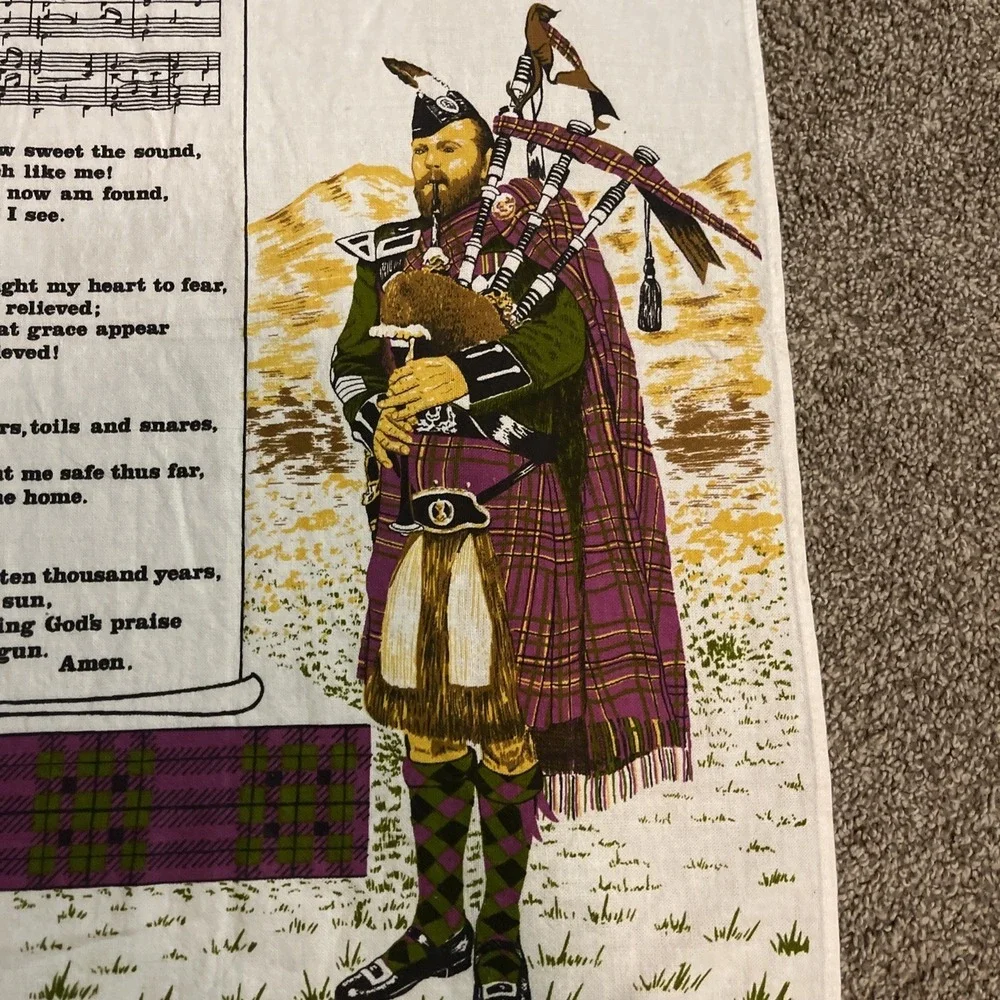 Linen Tea‎ Towel Souvenir of Scotland Kirkcaldy Lockhart Amazing Grace Bagpipe